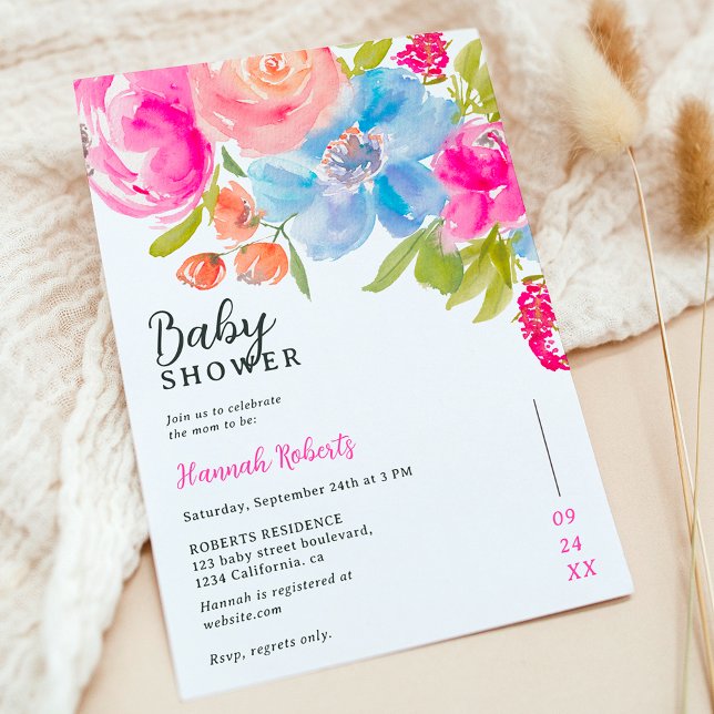 Söt bohemisk blommigt vattenfärgsdusch för babybab inbjudningar (Pretty bohemian floral watercolor baby shower invitation)