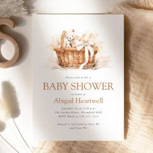 Söt Boho Akvarell Teddybjörn Korg Baby Shower Inbjudningar