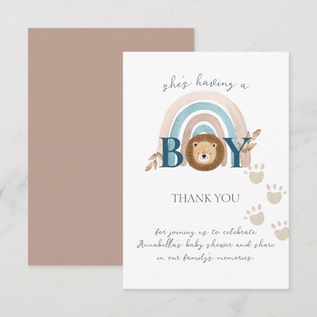 Söt Boho Baby Pojke Lejon Unga Tassavtryck Tack Kort (Fram/baksida)