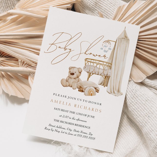 Söt Boho-barnkammare Blå Bebis-baby shower Inbjudningar (Skapare uppladdad)