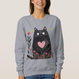 Söt Boho Blommig Vattenfärg Svart Katt Tjej T Shirt