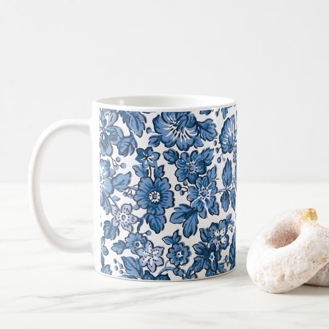 Söt Boho Blue and White Blommigt Kaffemugg (Med munk)