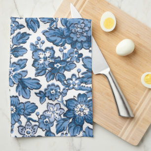 Söt Boho Blue och White Blommigt Kökshandduk