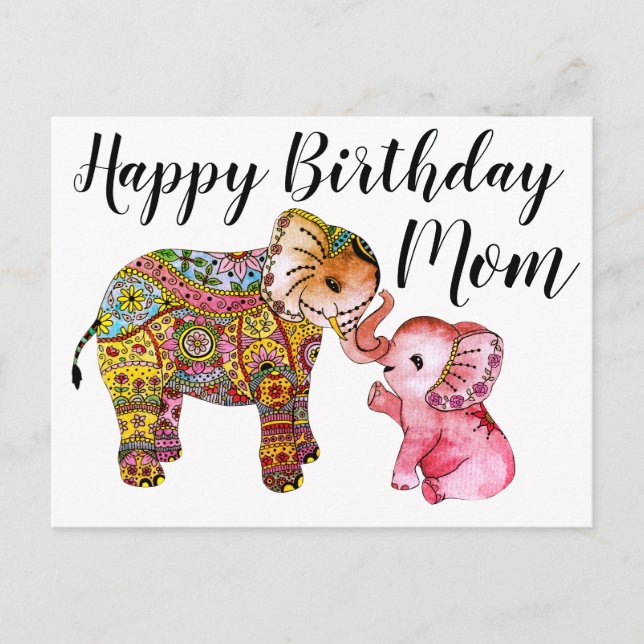 Söt Boho Elefant Glad Födelsedag Mamma Vykort (Framsida)