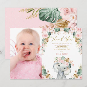 Söt Boho Elephant Girl Rosa Blommigt Birthday Tack Kort