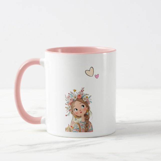 Söt Boho-flicka med blomkrona Rosa Mugg (Vänster)