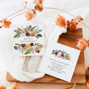 Söt Boho Flowers Vattenfärg Fyrkantigt Visitkort