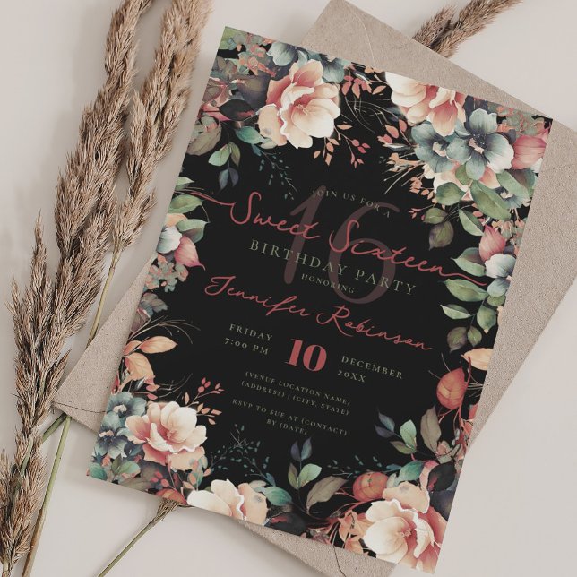 Söt Boho Garden Blommigt Sweet 16 Black Inbjudningar (Pretty Boho Garden Floral Sweet 16 Black Invitation)