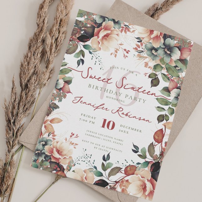 Söt Boho Garden Blommigt Sweet 16 Party Inbjudningar (Pretty Boho Garden Floral Sweet 16 Party Invitation)