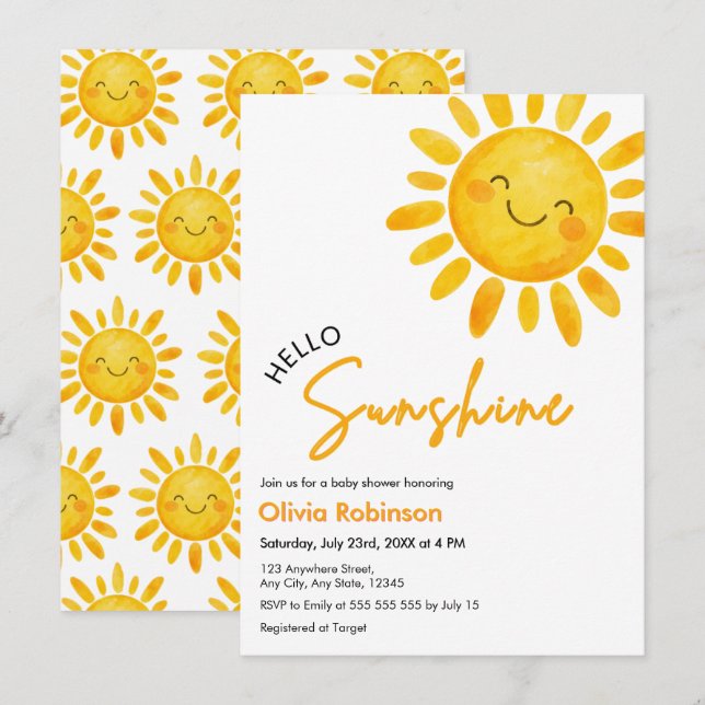 Söt Boho Hello Sunshine Bebis Shower  Inbjudningar (Fram/baksida)