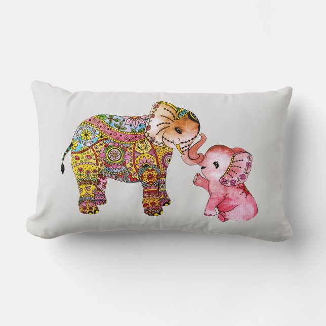 Söt Boho-illustration av mamma och baby elefant i  Lumbarkudde (Framsida)