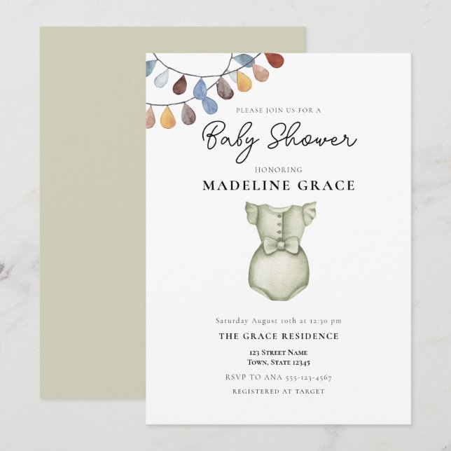 Söt Boho-klänning Flickig Bebis Baby Shower-inbjud Inbjudningar (Fram/baksida)