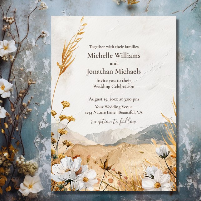 Söt Boho Mountain Wildblomma Bröllop Inbjudningar (Front - Pretty Boho Mountain Wildflower Wedding Invitation)