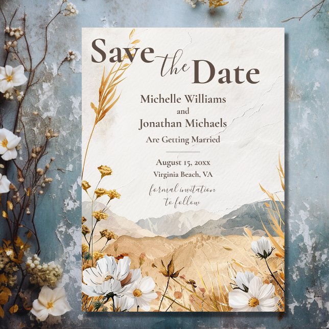 Söt Boho Mountain Wildblomma Bröllop Spara Datumet (Front - Pretty Boho Mountain Wildflower Wedding Save The Date)