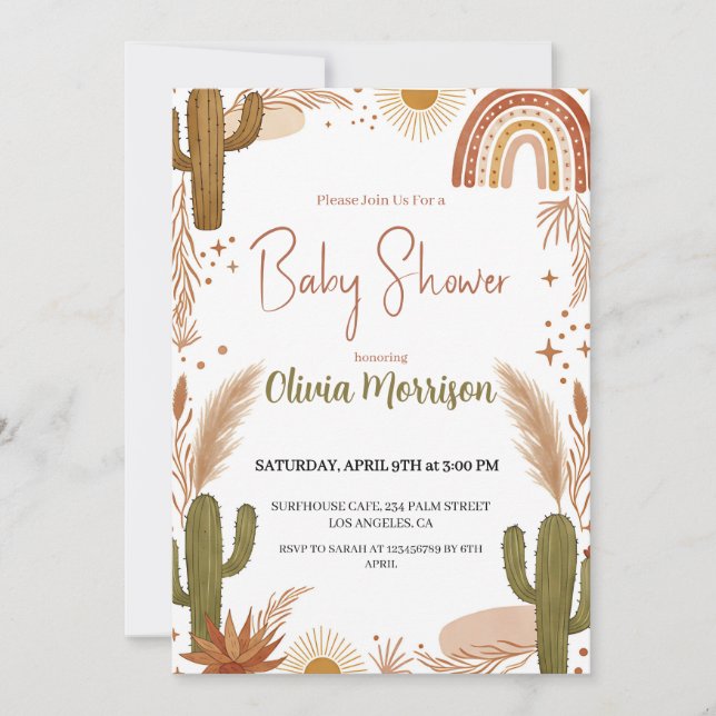 Söt Boho-ökenkaktus, regnbåge baby shower Inbjudningar (Framsida)