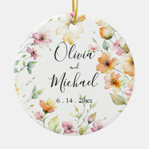Söt Boho Orange Rosa Watercolor Wildblommor Julgransprydnad Keramik