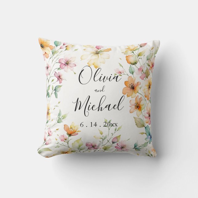 Söt Boho Orange Rosa Watercolor Wildblommor Kudde (Framsida)