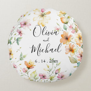 Söt Boho Orange Rosa Watercolor Wildblommor Rund Kudde