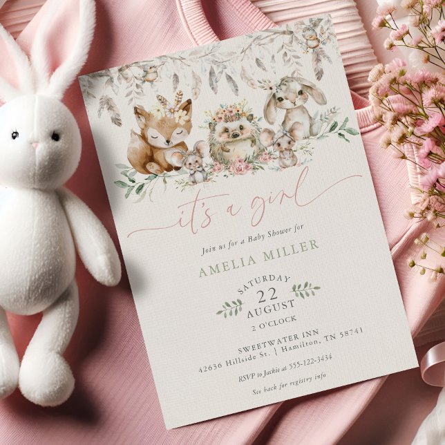 Söt Boho Skogs Djurflicka Barnkalas Inbjudningar (Cute Boho Woodland Forest Animal Girl Baby Shower Invitation)