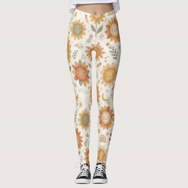 Söt Boho Solros Sol & Regnbåge Kvinnors Lediga Leggings (Framsida)