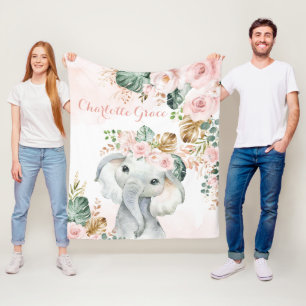 Söt Boho Tropical Elephant Rosa Blommigt Fleecefilt