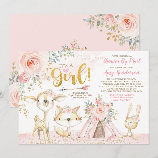 Söt Boho Woodland Rosa Guld Baby Shower by Mail Inbjudningar (Fram/baksida)