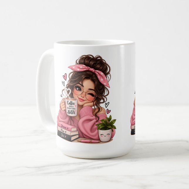 Söt bokälskare kaffemugg, mysig läsgummug kaffemugg (Framsida vänster)