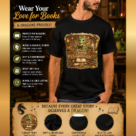 Söt Bokdrake Fantasy T-Shirt | Bokälskare Drake