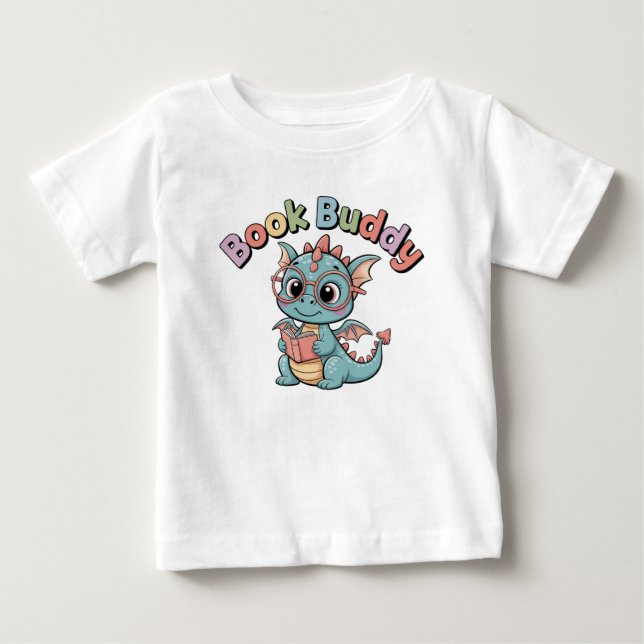 Söt bokkompis läser drakebaby t-shirt (Framsida)