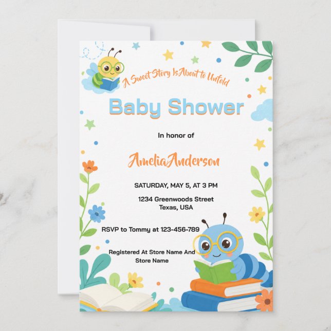 Söt bokorm Söt larv Baby Shower Inbjudningar (Framsida)