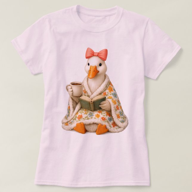 Söt bokslukande gås som dricker kaffe med båge hös t shirt (Design framsida)