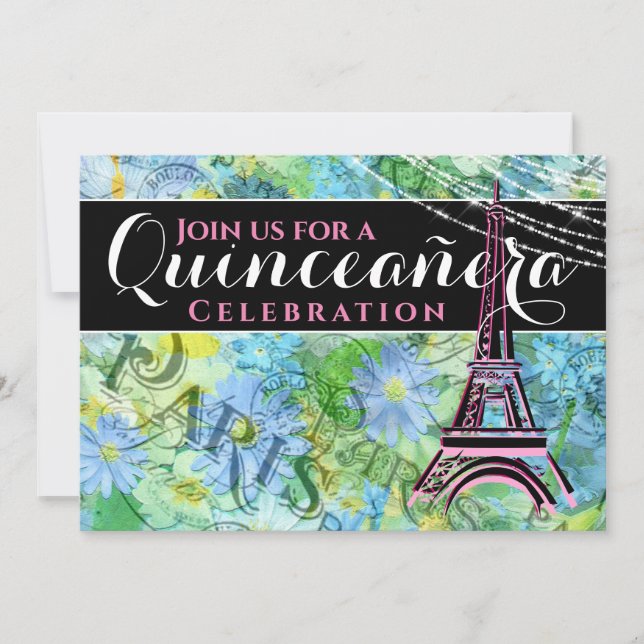 Söt Bold Eiffel Torn Paris w/Mass Quinceañera Inbjudningar (Framsida)