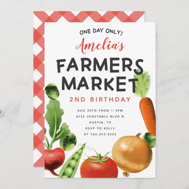 Söt bondemarknad Grönsaks Födelsedagsfest Inbjudningar (Fram/baksida)