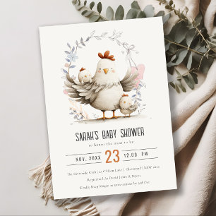 Söt bondemor och babykyckling Blommig baby shower Inbjudningar