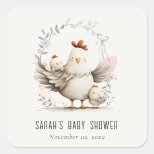 Söt bondemor och babykyckling blomster baby shower fyrkantigt klistermärke