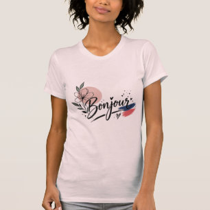 Söt Bonjour Blommig Typografi Dam T-Shirt