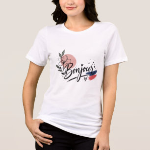 Söt Bonjour Blommig Typografi Dam T-Shirt