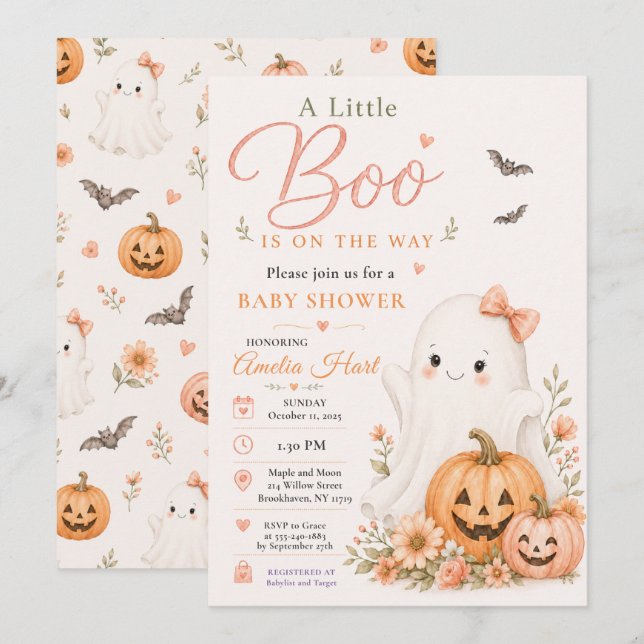 Söt Boo Halloween Baby Shower Rosa Pumpa Inbjudningar (Fram/baksida)