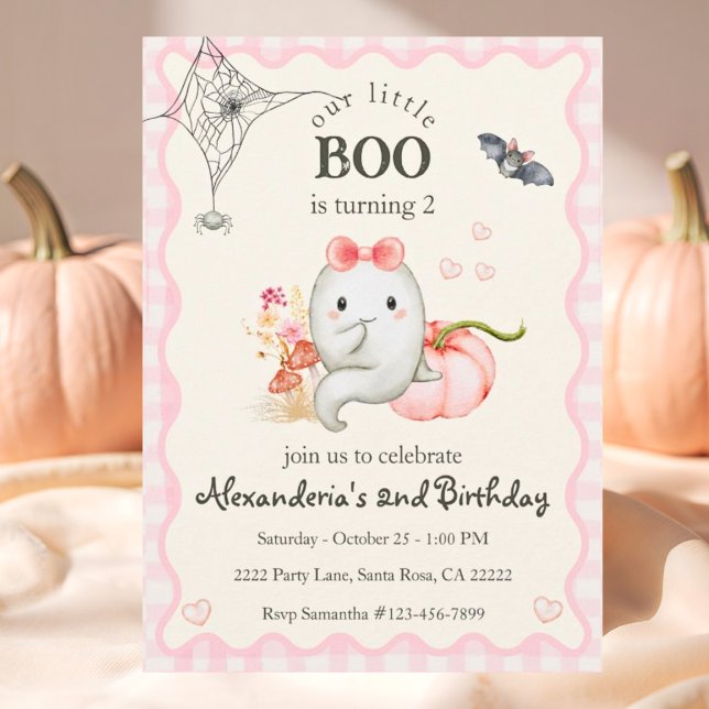 Söt Boo-spöke Rosa Födelsedagsfest Tjej Inbjudningar (Cute Ghost Boo Turning 2 Birthday Party Invitation. Easy to personalize.)