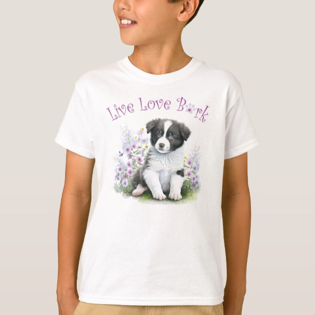 Söt Border Collie Hund Blommig T Shirt (Framsida)