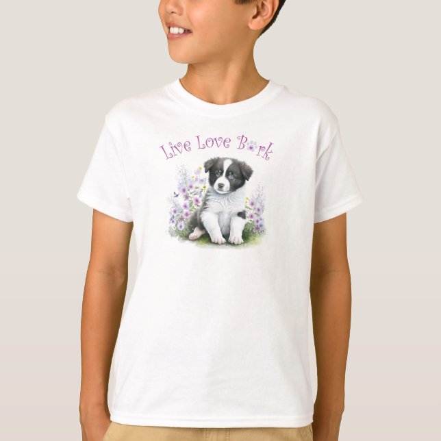 Söt Border Collie Hund Blommig T Shirt (Framsida)