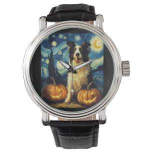 Söt Border Collie Hund Halloween Jack O Lantern Pu Armbandsur