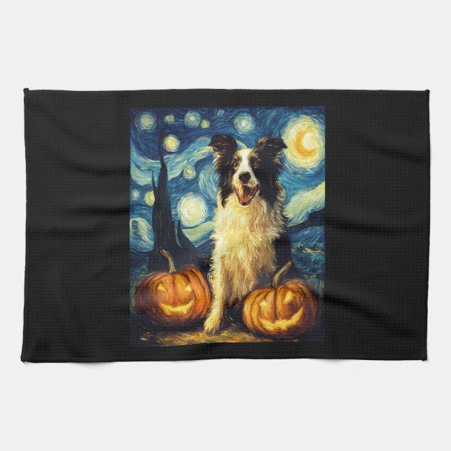 Söt Border Collie Hund Halloween Jack O Lantern Pu Kökshandduk (Horisontell)
