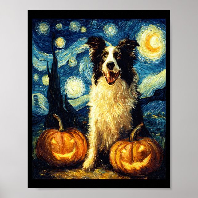 Söt Border Collie Hund Halloween Jack O Lantern Pu Poster (Framsidan)