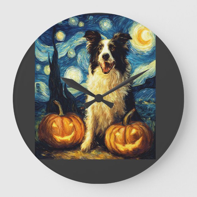 Söt Border Collie Hund Halloween Jack O Lantern Pu Stor Klocka (Framsida)