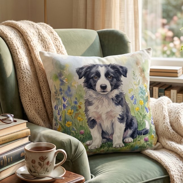 Söt Border Collie-valp i akvarell Kudde (Skapare uppladdad)
