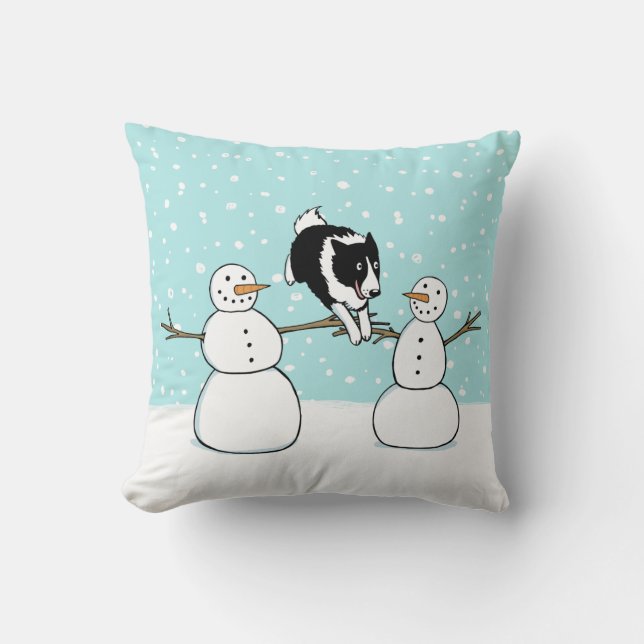 Söt Border Collie-valp på vinterlov med snömannen Kudde (Framsida)