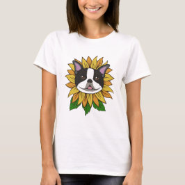 Söt Boston Terrier Hund Ansikte på Solros T Shirt