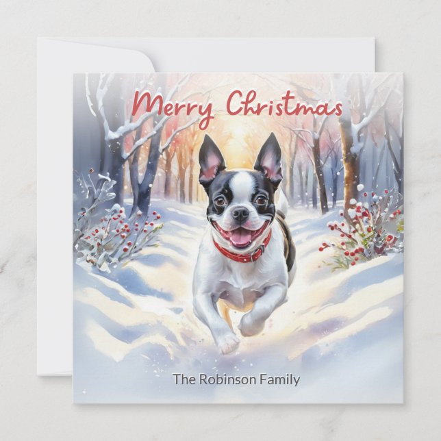Söt Boston Terrier hund i vinter snö jul Julkort (Framsida)