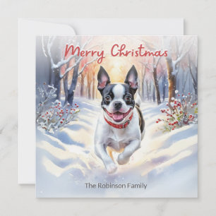 Söt Boston Terrier hund i vinter snö jul Julkort